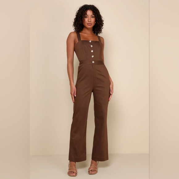 Lulus Practical Charm Brown Twill Button-Front Straight Leg Jumpsuit S Travel - Picture 2 of 10